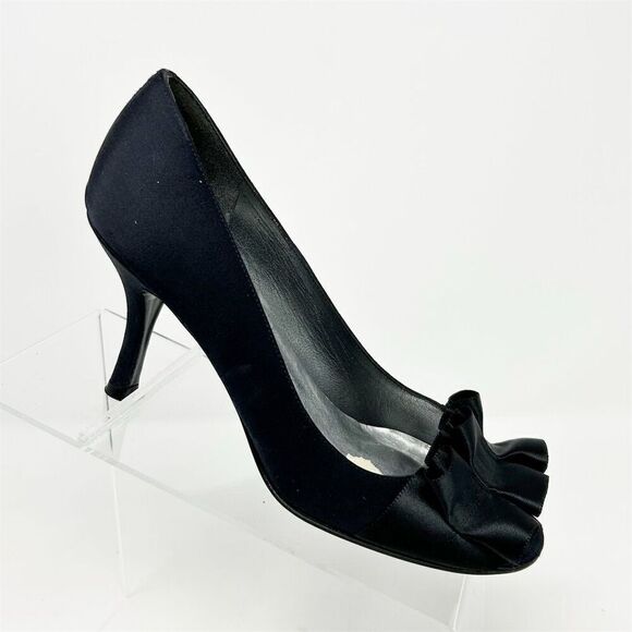 Stuart Weitzman Black Satin Peep Toe Ribbon Pumps Women's Heels Formal Size 7 - Picture 1 of 15